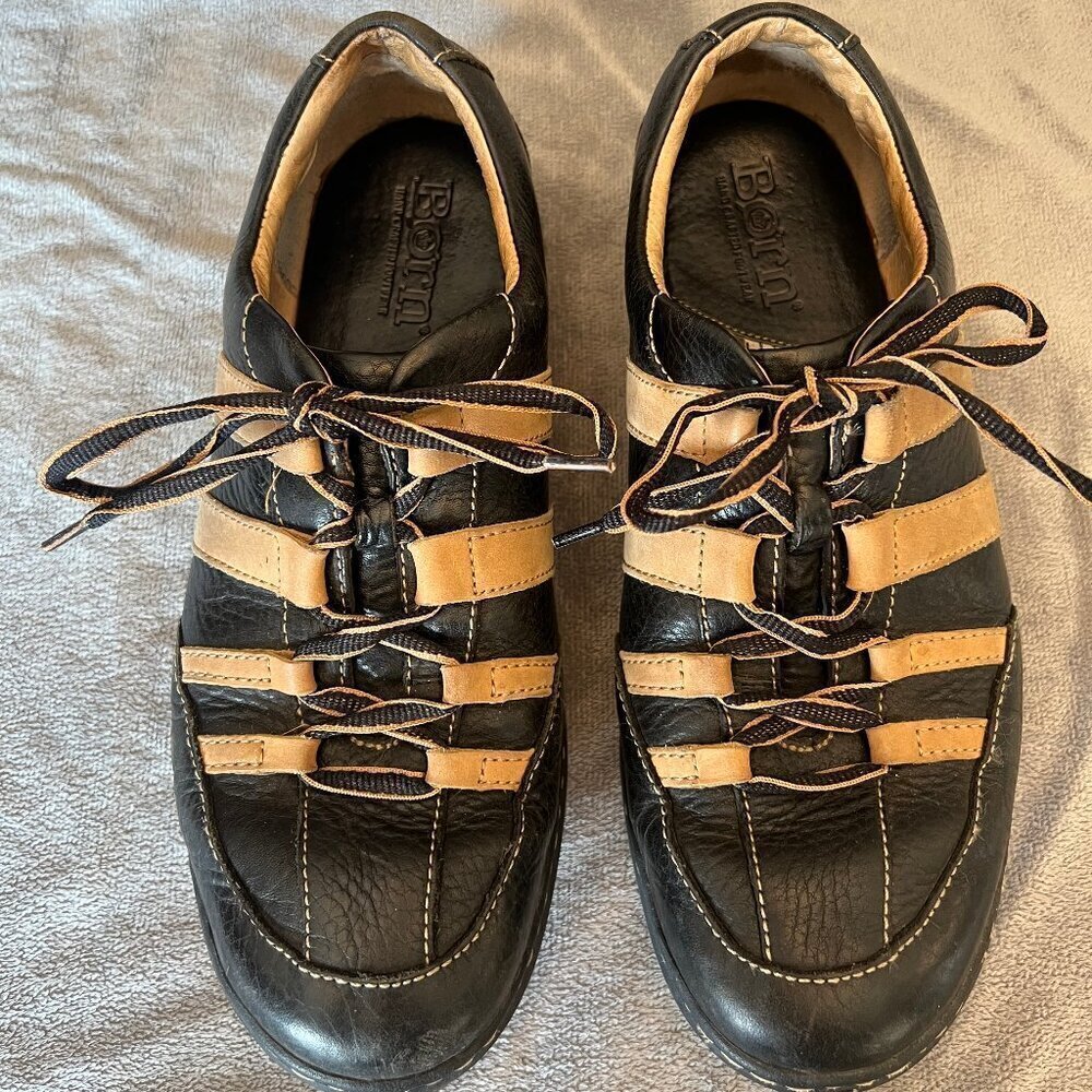 Born Black & Tan Leather Lace Up Striped Casual Sneaker, Sporty Preppy Size 9.5